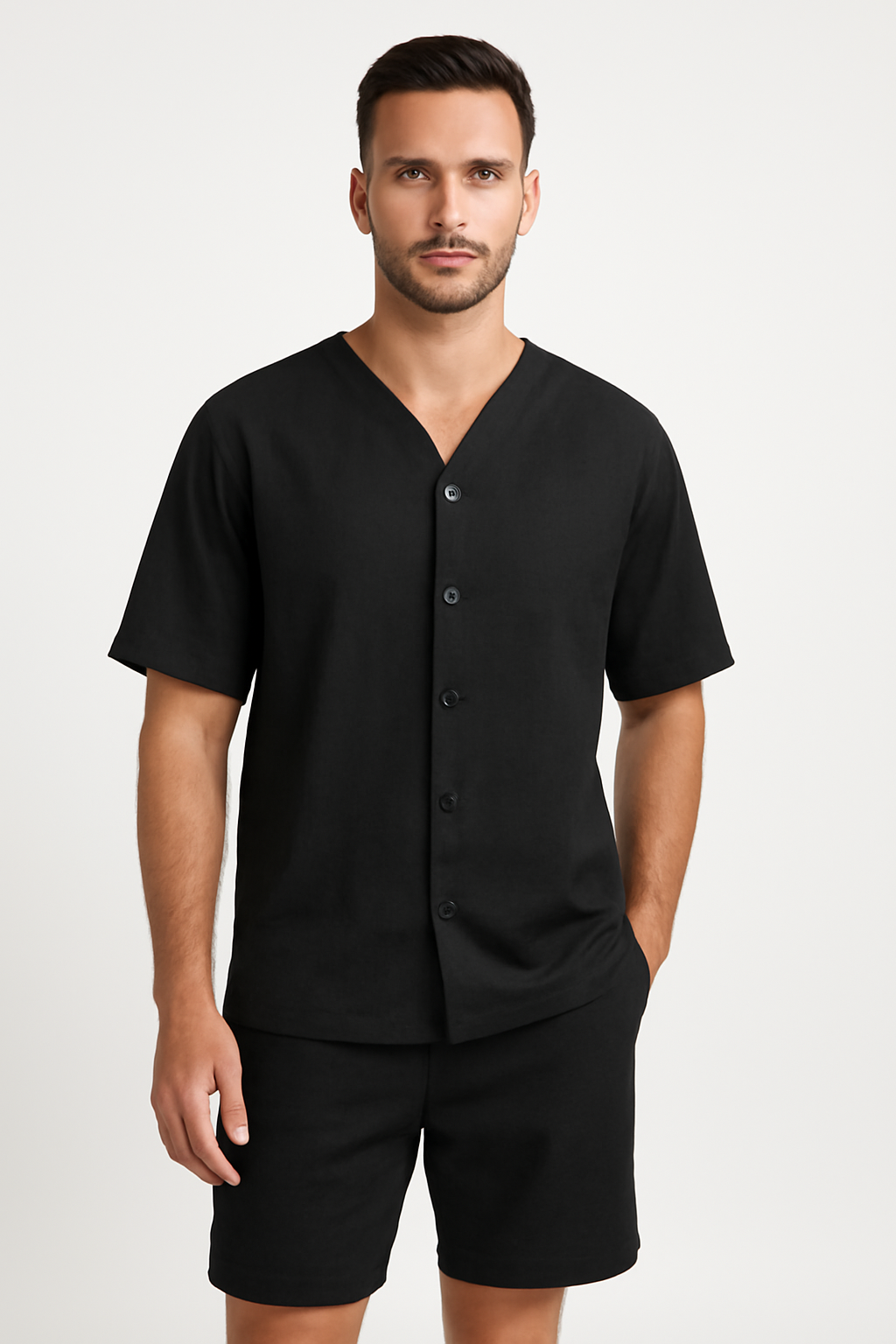 Completo maschile a due pezzi - Elegante camice a V con bottoni e comodi pantaloncini d'algodon traspiranti