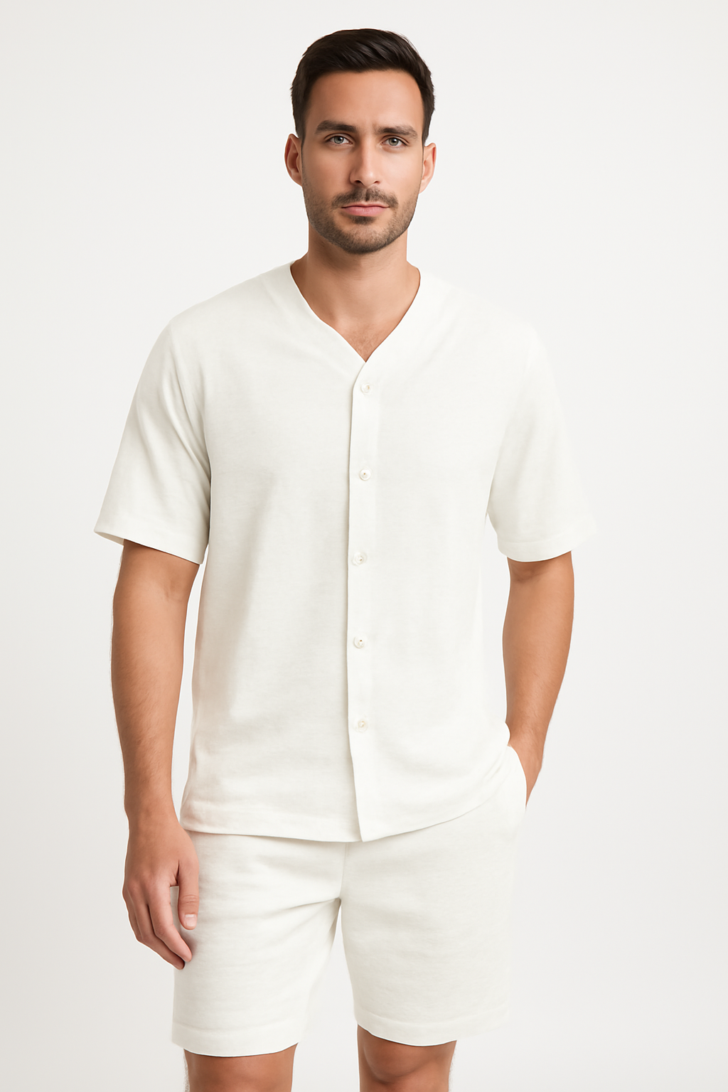 Completo maschile a due pezzi - Elegante camice a V con bottoni e comodi pantaloncini d'algodon traspiranti