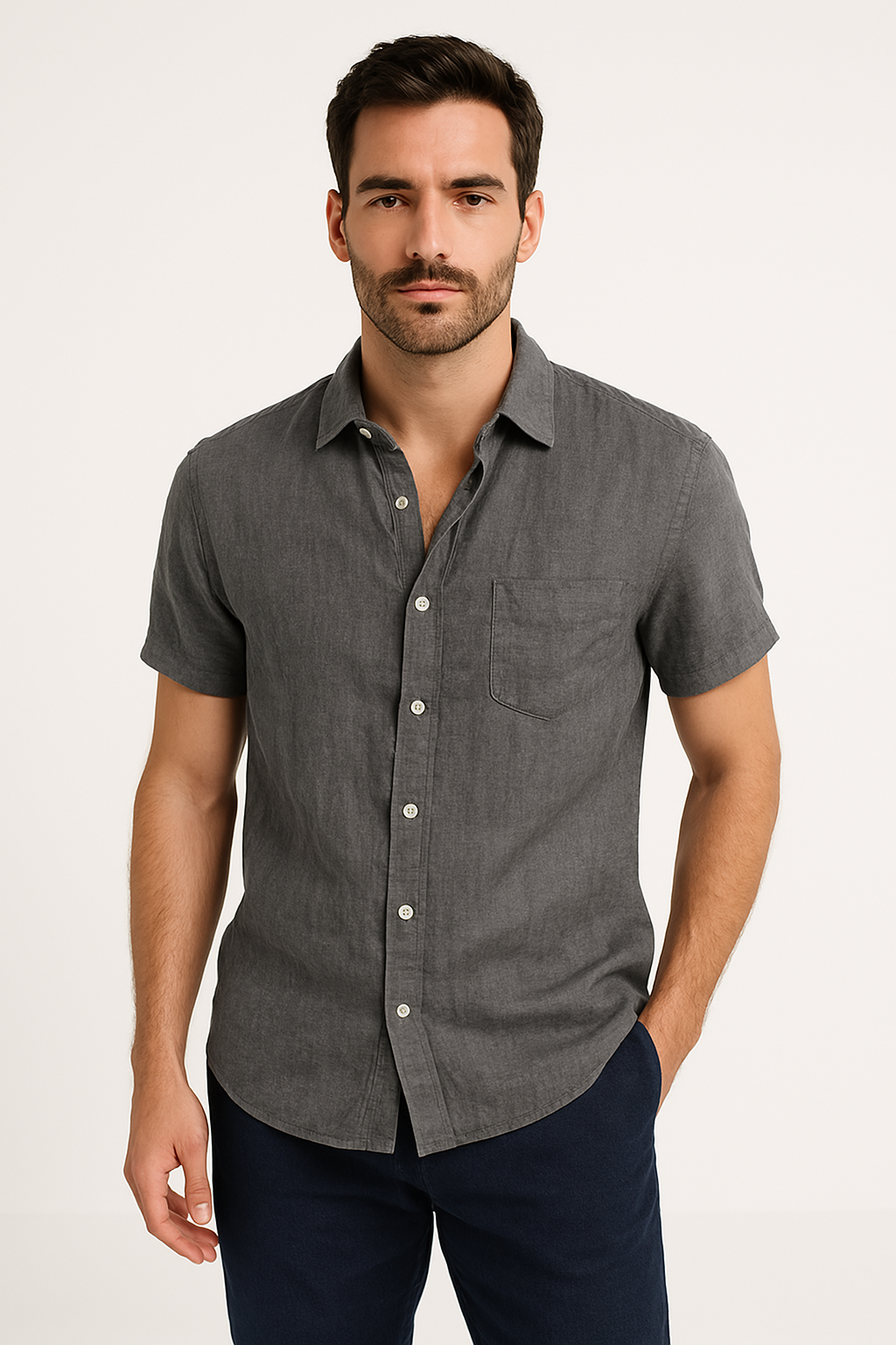 Camisa casual per uomo con design relajado, manico corto e cappuccio con bottone per un look moderno e moderno