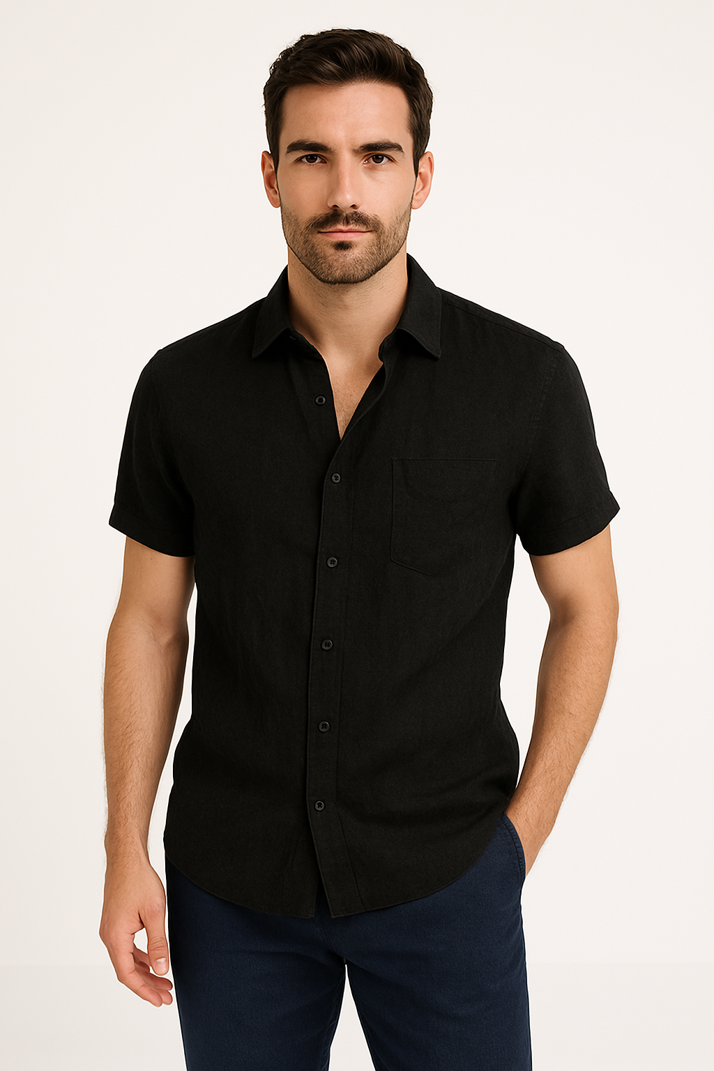 Camisa casual per uomo con design relajado, manico corto e cappuccio con bottone per un look moderno e moderno