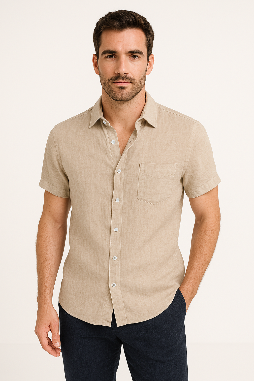 Camisa casual per uomo con design relajado, manico corto e cappuccio con bottone per un look moderno e moderno