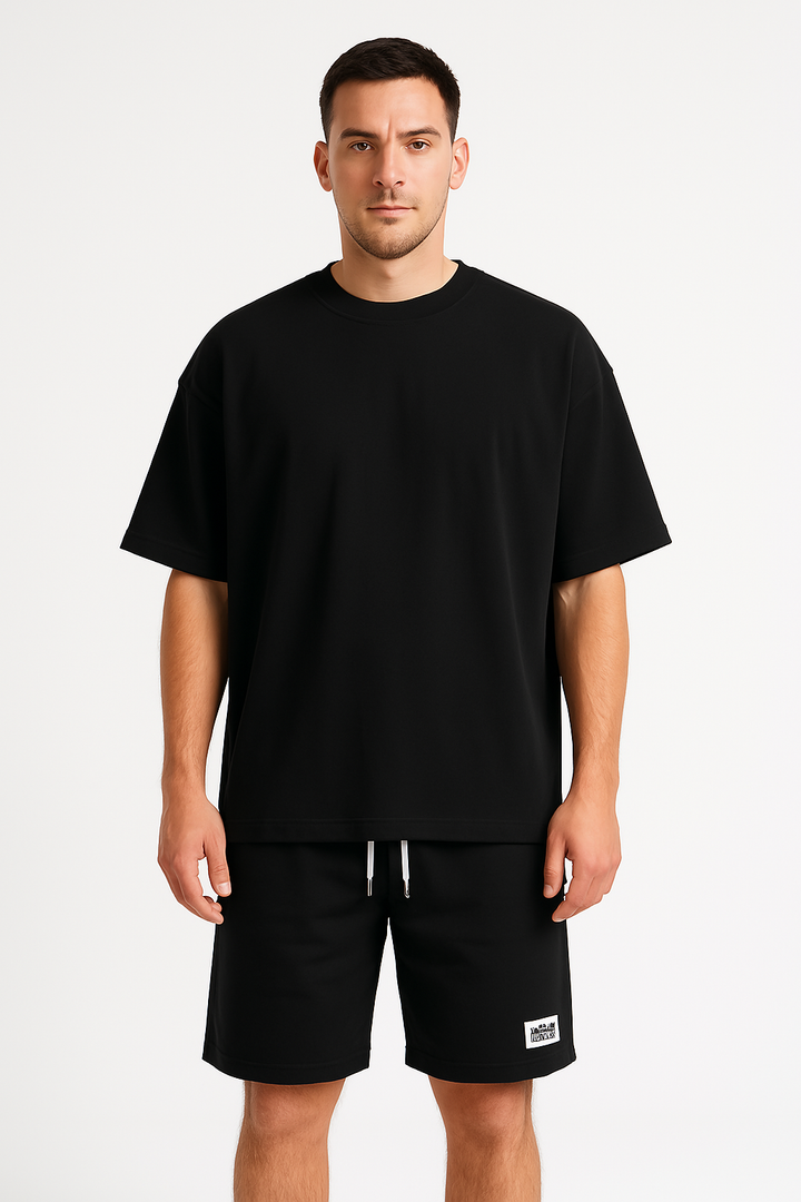 Set sportivo da uomo con orlo regolabile - comoda T-shirt con pantaloncini corti e coulisse, in cotone elasticizzato e traspirante