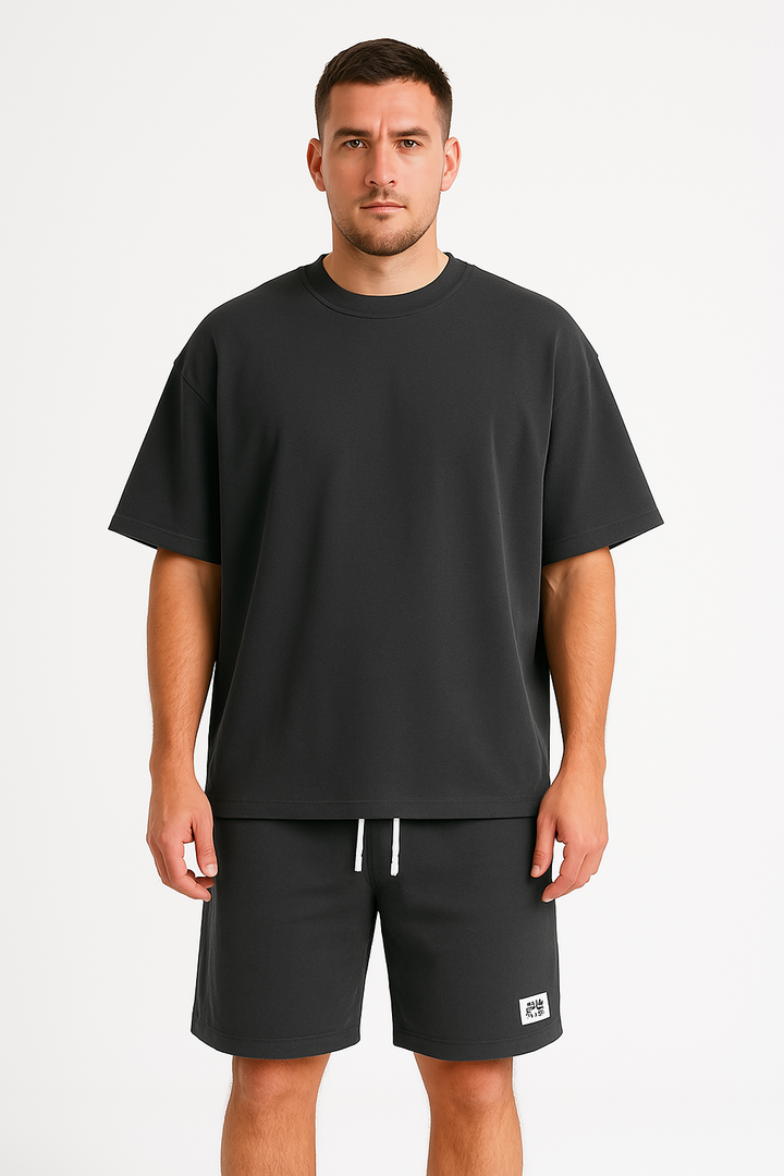 Set sportivo da uomo con orlo regolabile - comoda T-shirt con pantaloncini corti e coulisse, in cotone elasticizzato e traspirante