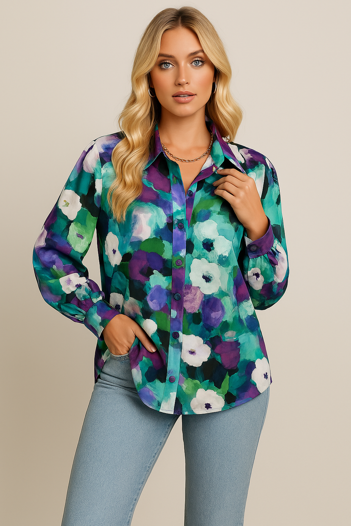 Elegante T-shirt da donna in cotone con bottoni, vestibilità ampia ed elegante motivo floreale