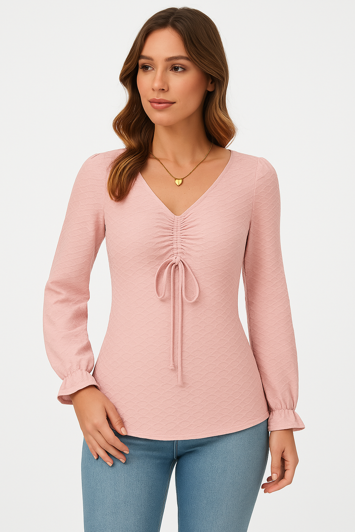 Elegante T-shirt da donna a maniche lunghe con orlo regolabile, scollo a palloncino e snood alla moda in tessuto testurizzato