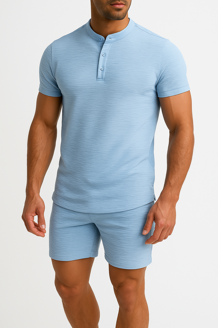 Ensemble Homme Confortable en Coton Lin - Chemise Slim Fit Henley e Short Stylé