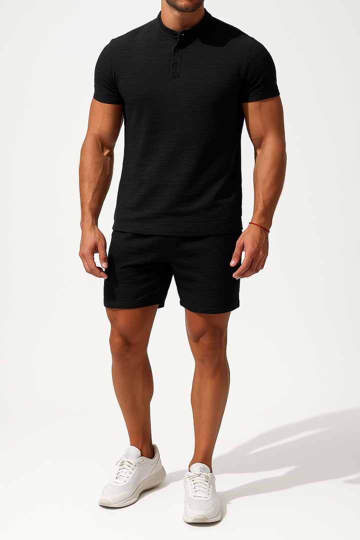 Ensemble Homme Confortable en Coton Lin - Chemise Slim Fit Henley e Short Stylé