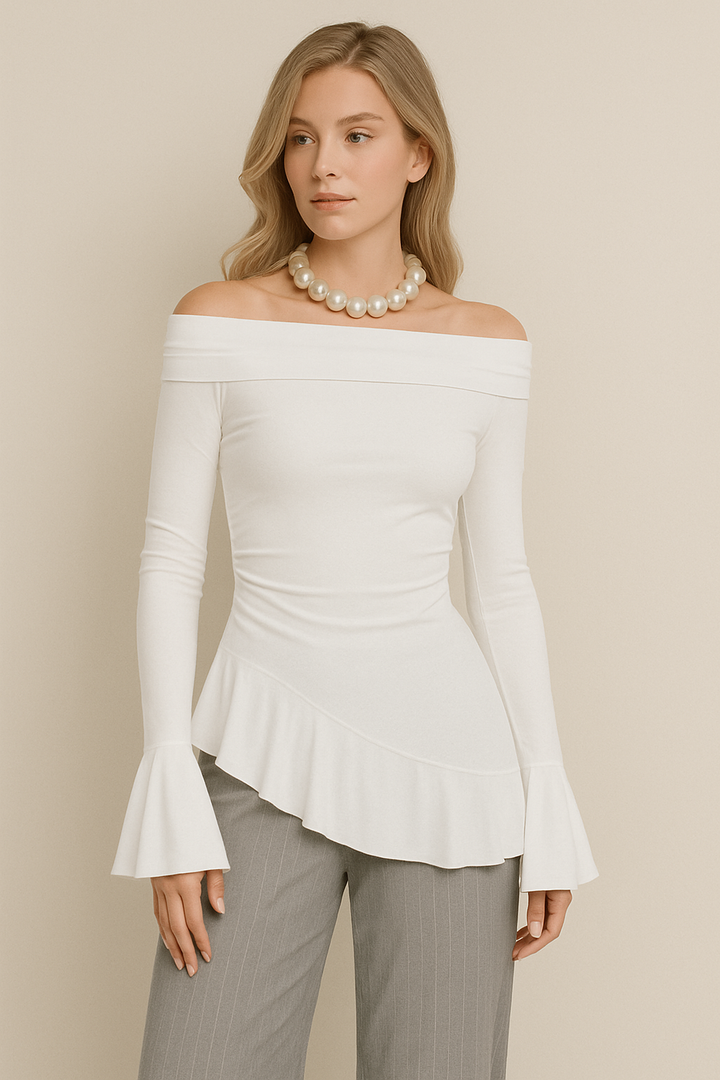 Blusa ajustada para mujer con cuello披肩, mangas con volantes y dobladillo plisado en tela elástica