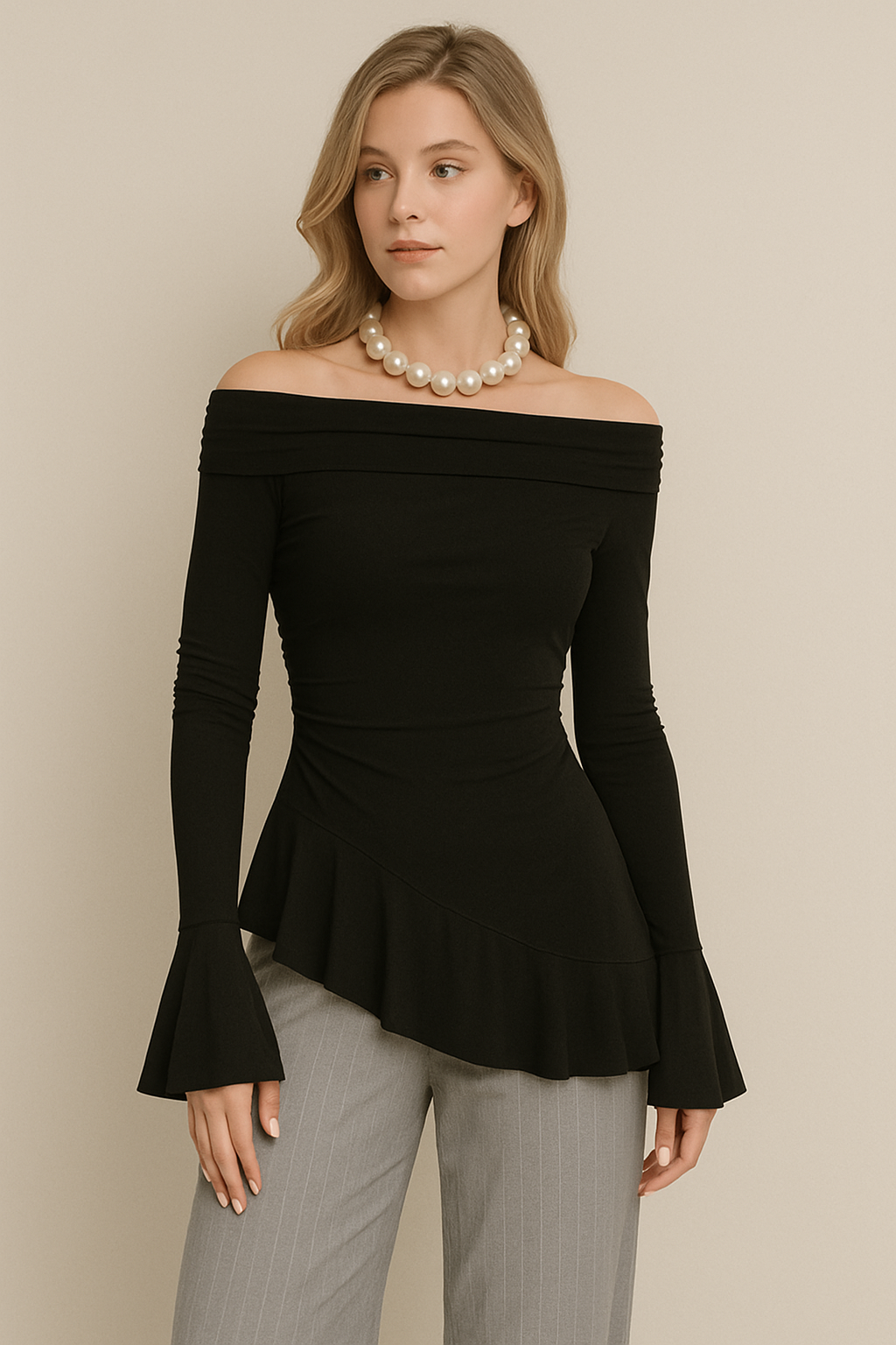 Blusa ajustada para mujer con cuello披肩, mangas con volantes y dobladillo plisado en tela elástica