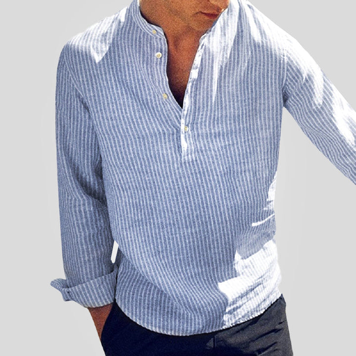 Camicia Henley elegante da uomo in cotone e lino con colletto - comoda camicia a maniche lunghe a righe dalla vestibilità ampia