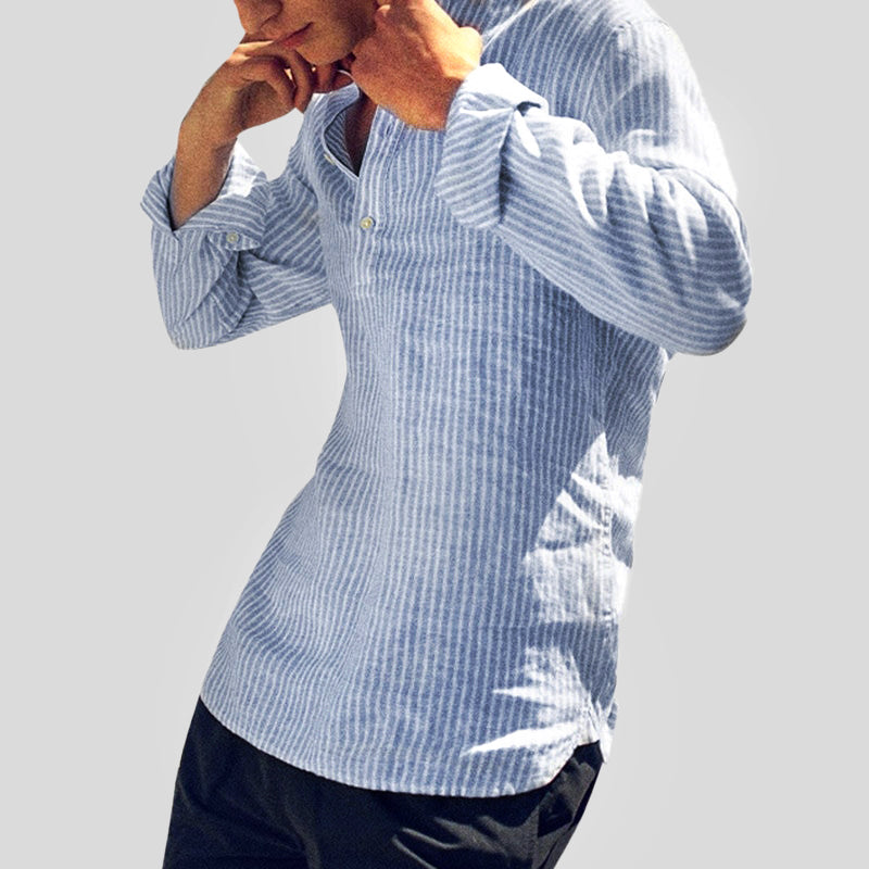 Camicia Henley elegante da uomo in cotone e lino con colletto - comoda camicia a maniche lunghe a righe dalla vestibilità ampia