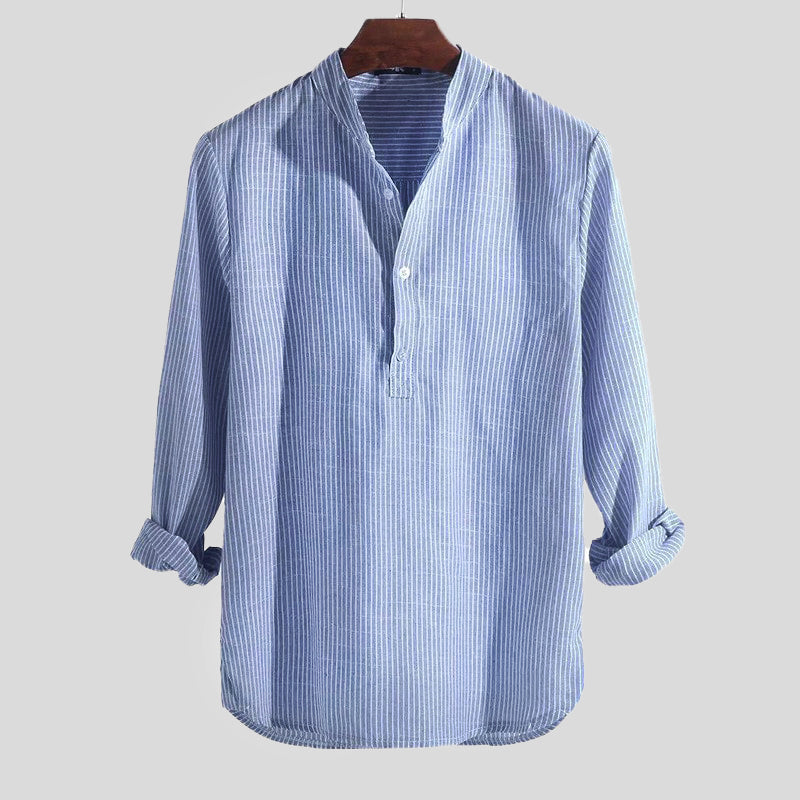 Camicia Henley elegante da uomo in cotone e lino con colletto - comoda camicia a maniche lunghe a righe dalla vestibilità ampia