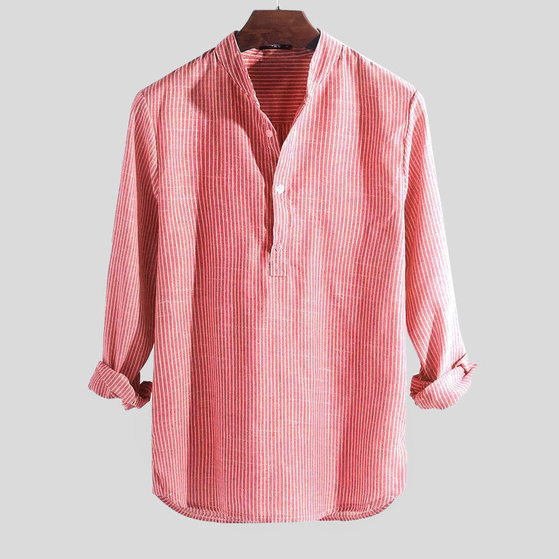 Camicia Henley elegante da uomo in cotone e lino con colletto - comoda camicia a maniche lunghe a righe dalla vestibilità ampia
