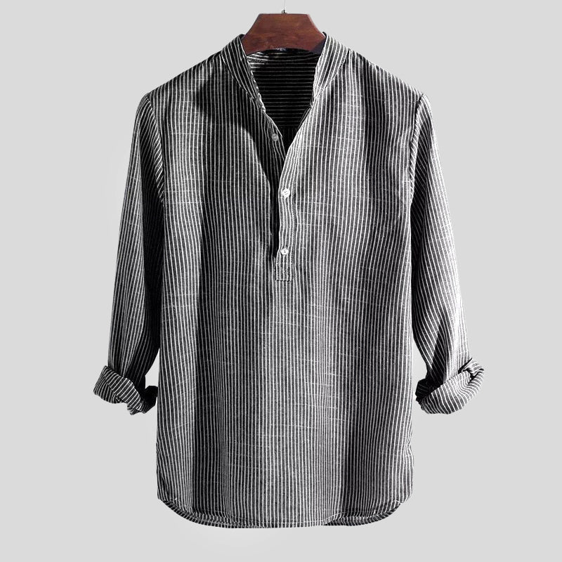 Camicia Henley elegante da uomo in cotone e lino con colletto - comoda camicia a maniche lunghe a righe dalla vestibilità ampia