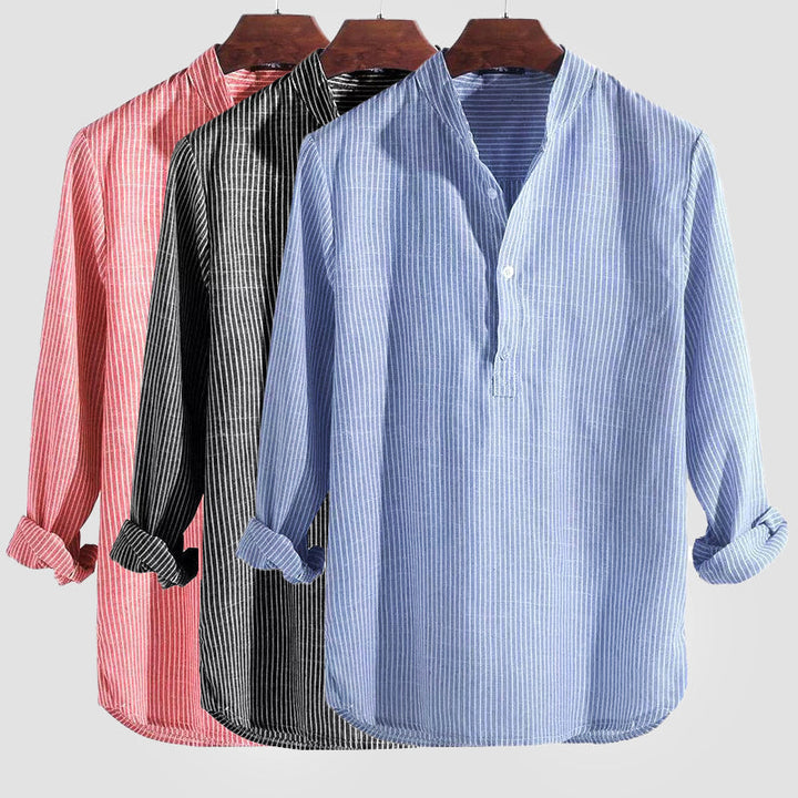 Camicia Henley elegante da uomo in cotone e lino con colletto - comoda camicia a maniche lunghe a righe dalla vestibilità ampia
