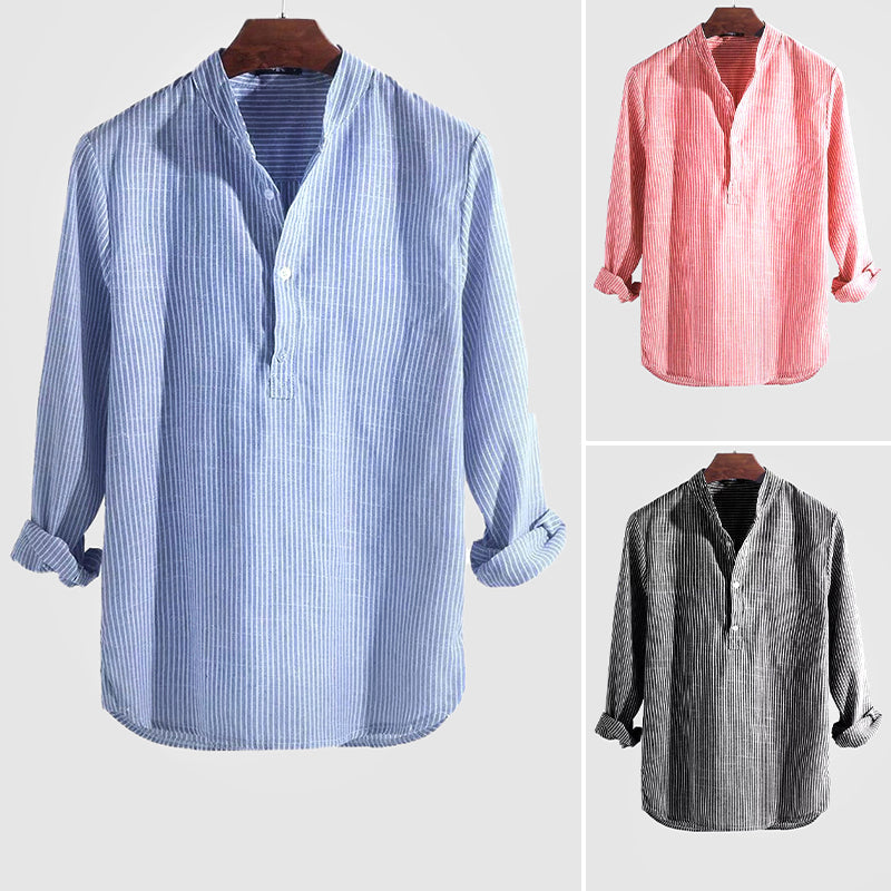 Camicia Henley elegante da uomo in cotone e lino con colletto - comoda camicia a maniche lunghe a righe dalla vestibilità ampia