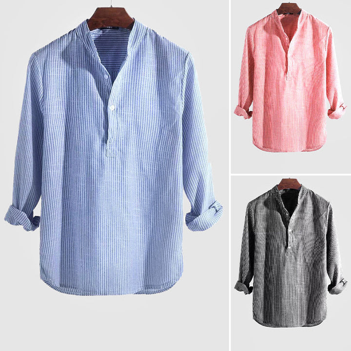 Camicia Henley elegante da uomo in cotone e lino con colletto - comoda camicia a maniche lunghe a righe dalla vestibilità ampia