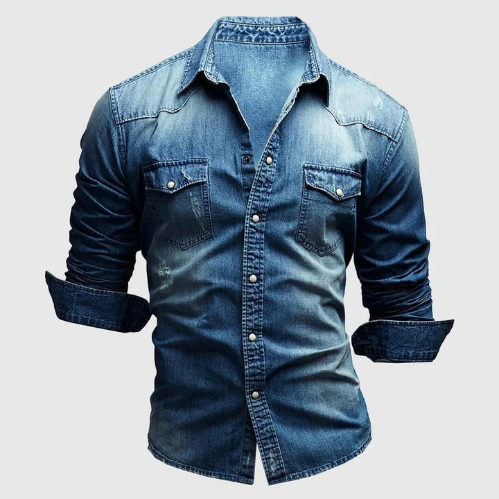 Camicia da uomo elegante in denim Slim Fit a maniche lunghe - stile classico casual occidentale con bottoni