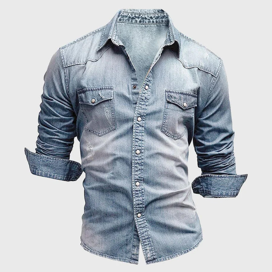 Camicia da uomo elegante in denim Slim Fit a maniche lunghe - stile classico casual occidentale con bottoni