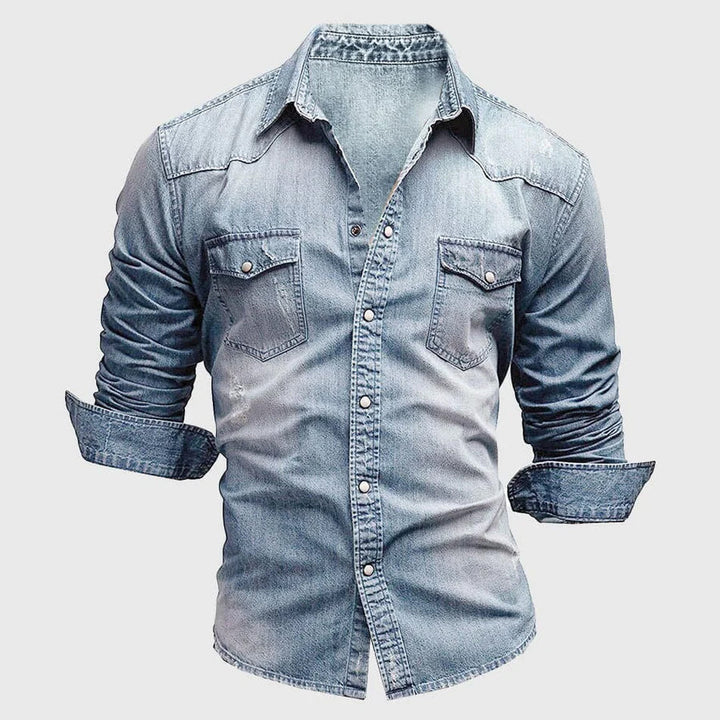 Camicia da uomo elegante in denim Slim Fit a maniche lunghe - stile classico casual occidentale con bottoni