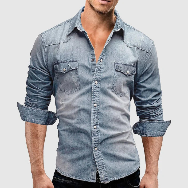 Camicia da uomo elegante in denim Slim Fit a maniche lunghe - stile classico casual occidentale con bottoni