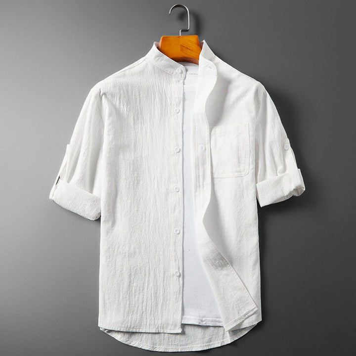 Camisa masculina con botones y cuello band - Manga larga con puño enrollable en tela transpirable y texturizada