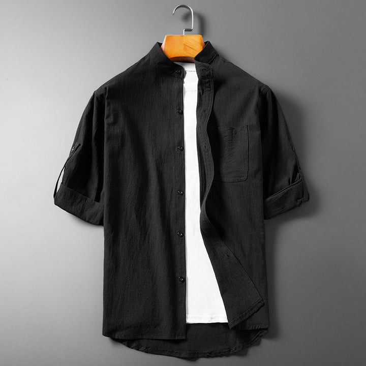 Camisa masculina con botones y cuello band - Manga larga con puño enrollable en tela transpirable y texturizada