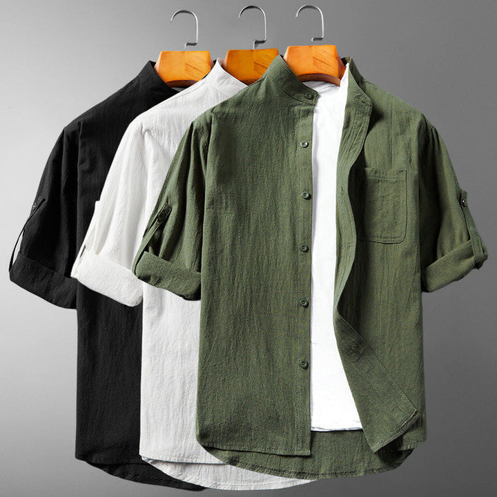 Camisa masculina con botones y cuello band - Manga larga con puño enrollable en tela transpirable y texturizada