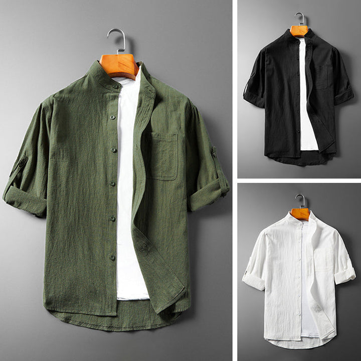 Camisa masculina con botones y cuello band - Manga larga con puño enrollable en tela transpirable y texturizada
