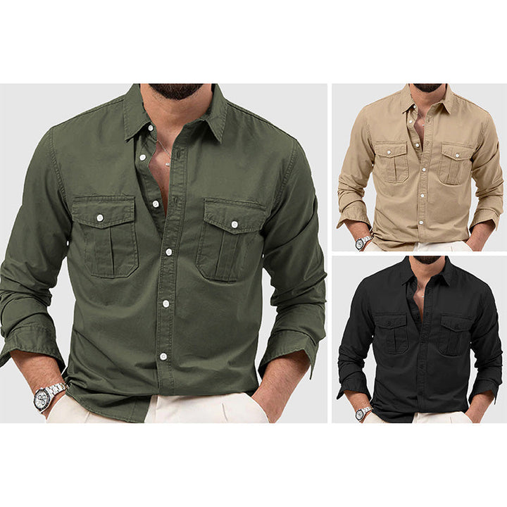 Elegante camicia a maniche lunghe da uomo con bottoni, due tasche sul petto e vestibilità ampia