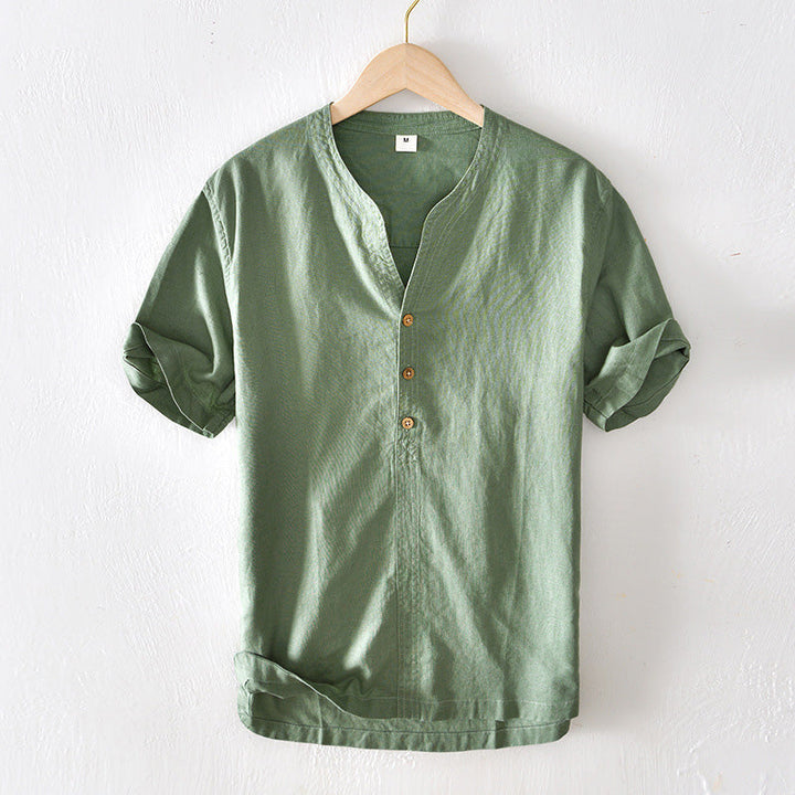 Camisa Casual para Hombre de Lino Ligero con Manga Corta y Corte Relajado en Teal con Escote en V