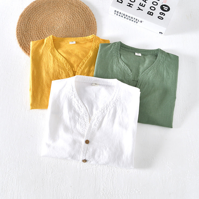Camisa Casual para Hombre de Lino Ligero con Manga Corta y Corte Relajado en Teal con Escote en V