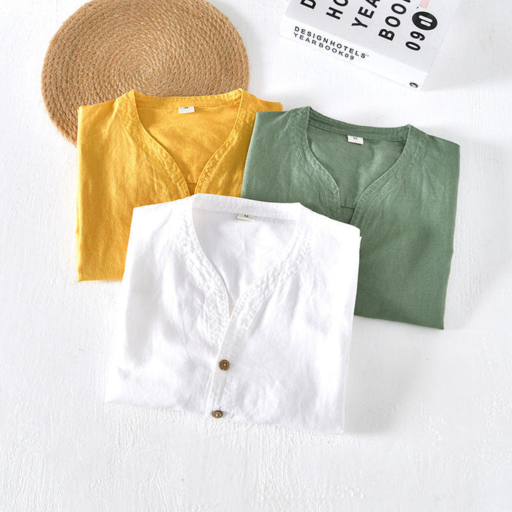 Camisa Casual para Hombre de Lino Ligero con Manga Corta y Corte Relajado en Teal con Escote en V