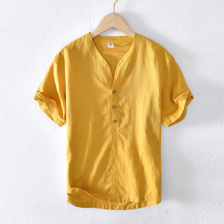 Camisa Casual para Hombre de Lino Ligero con Manga Corta y Corte Relajado en Teal con Escote en V