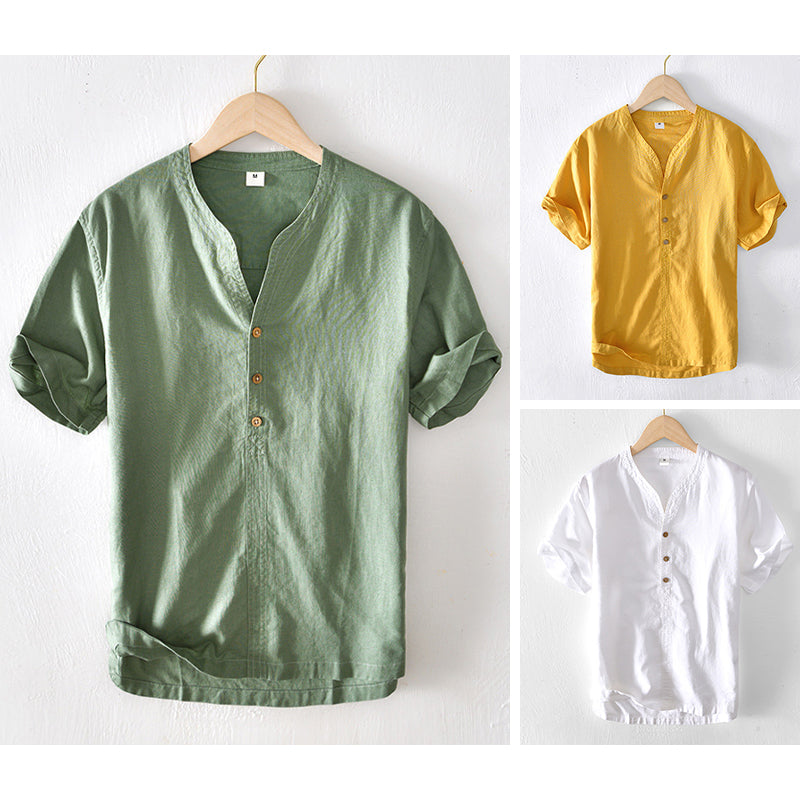 Camisa Casual para Hombre de Lino Ligero con Manga Corta y Corte Relajado en Teal con Escote en V