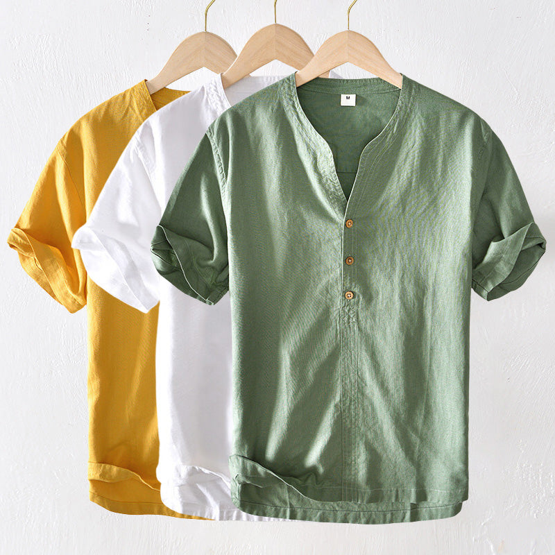 Camisa Casual para Hombre de Lino Ligero con Manga Corta y Corte Relajado en Teal con Escote en V