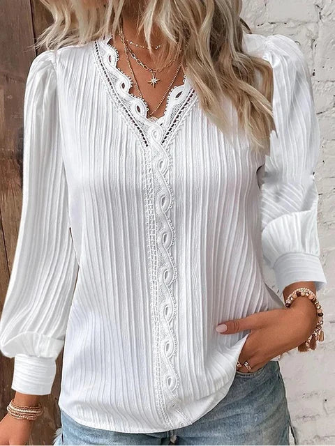 Elegante blusa da donna con scollo a V, collo lungo a buffo e sottili ruches