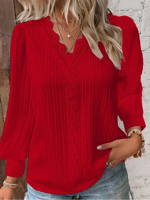 Elegante blusa da donna con scollo a V, collo lungo a buffo e sottili ruches