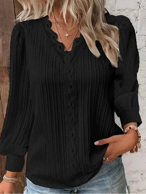 Elegante blusa da donna con scollo a V, collo lungo a buffo e sottili ruches