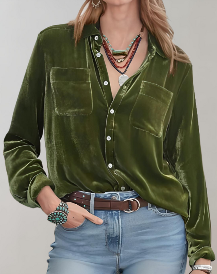 Elegante camicia da donna in velluto dal design retrò con eleganti polsini lunghi