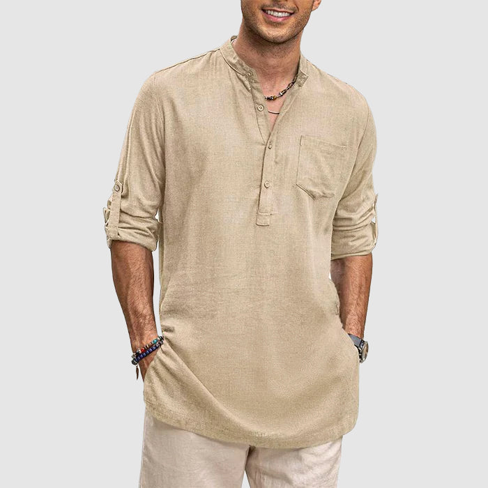 Camicia Henley da uomo con maniche lunghe e allungate e pratiche tasche - ideale per tutti i giorni