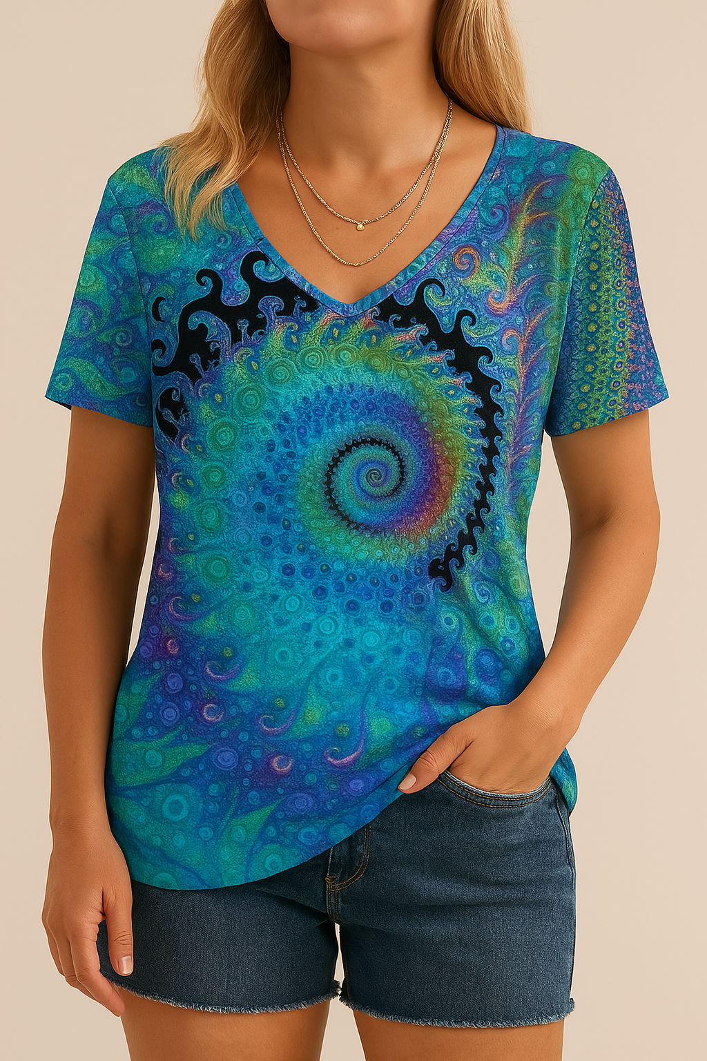 T-shirt retrò da donna con elegante scollatura a punta
