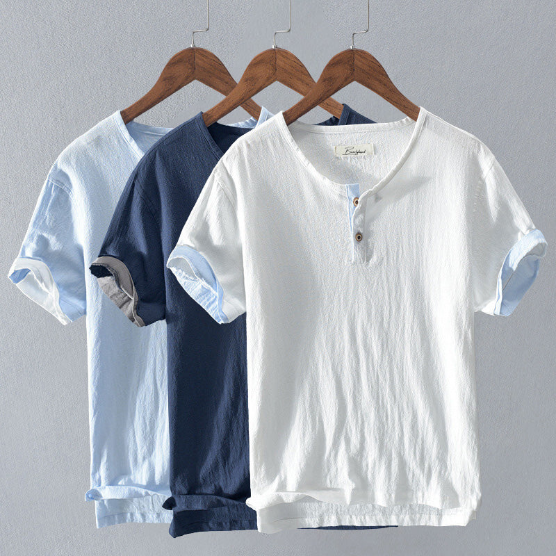 Camicia Henley elegante da uomo in cotone morbido e leggero - maniche corte, vestibilità rilassata e chiusura con bottoni alla moda