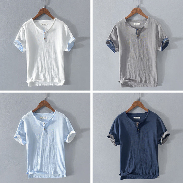 Camicia Henley elegante da uomo in cotone morbido e leggero - maniche corte, vestibilità rilassata e chiusura con bottoni alla moda