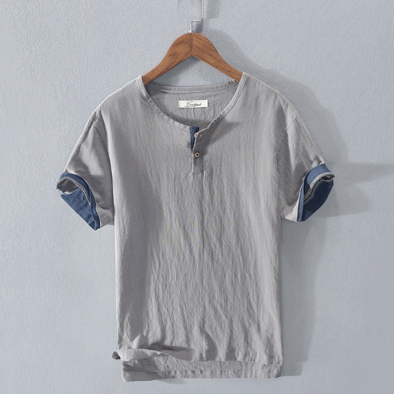 Camicia Henley elegante da uomo in cotone morbido e leggero - maniche corte, vestibilità rilassata e chiusura con bottoni alla moda