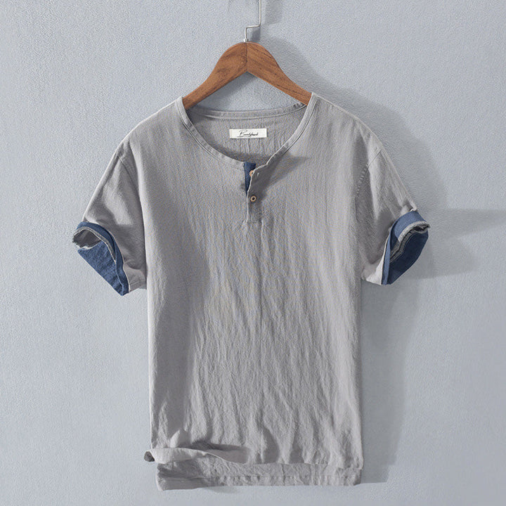 Camicia Henley elegante da uomo in cotone morbido e leggero - maniche corte, vestibilità rilassata e chiusura con bottoni alla moda