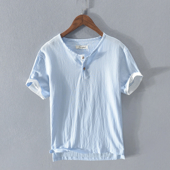 Camicia Henley elegante da uomo in cotone morbido e leggero - maniche corte, vestibilità rilassata e chiusura con bottoni alla moda