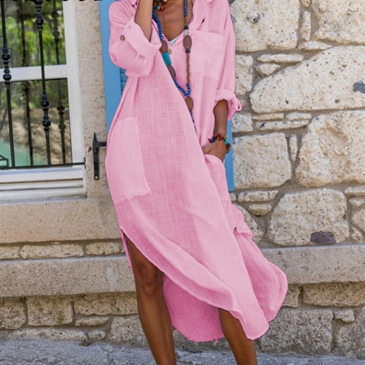 Elegante abito-camicia casual da donna in cotone e lino con bottoni sul davanti e una vestibilità elegante, lunga e rilassata