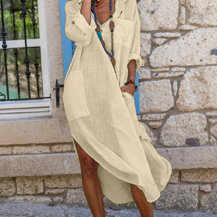 Elegante abito-camicia casual da donna in cotone e lino con bottoni sul davanti e una vestibilità elegante, lunga e rilassata