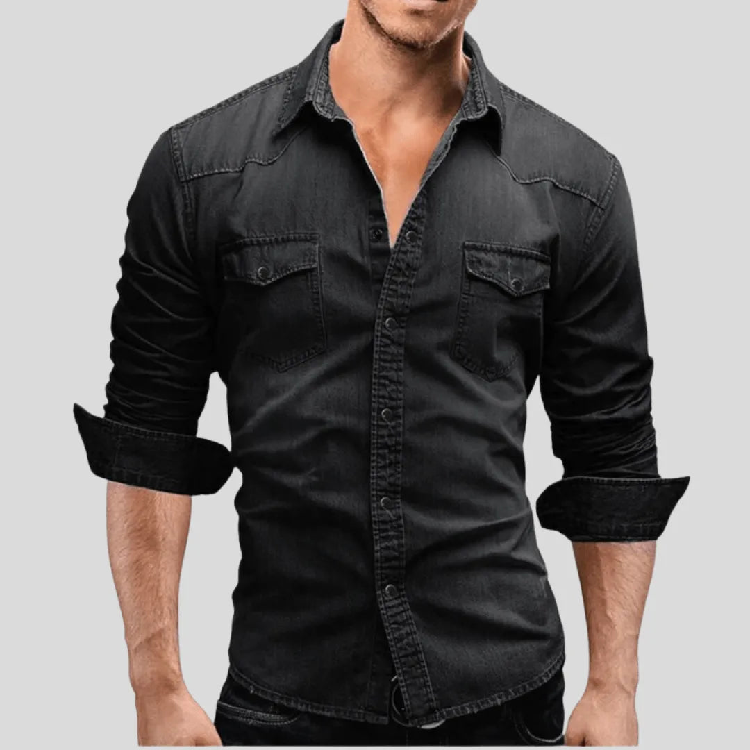 T-shirt da uomo in denim con chiusura a scatto, vestibilità classica e maniche lunghe, ideale per l'uso quotidiano.